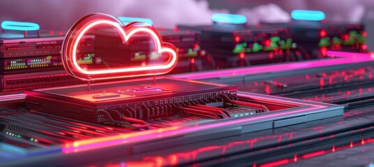 Neon Cloud Computing Symbol Over Server Room, Futuristic Technology Concept. 3D Illustration