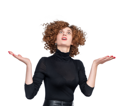 Young woman in black turtleneck looking up with hope and spreading arms, isolated on a transparent background png. Waiting for a miracle