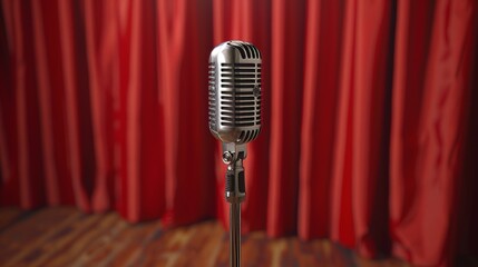 Vintage Microphone Stands Center Stage Against a Red Curtain, Ready for a Performance.