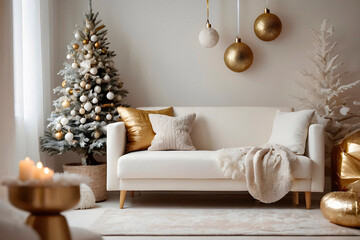 New year tree and christmas decoration in cosy light living room with sofa. AI generated.	