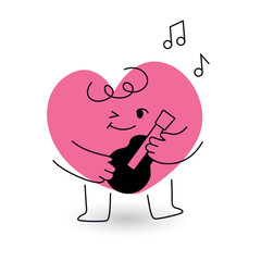 happy heart mascot plays guitar