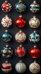 A pattern of vibrant retro style glass christmas baubles, festive spirit holiday season