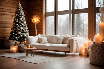 New year tree and christmas decoration in cosy light living room with sofa. AI generated.	