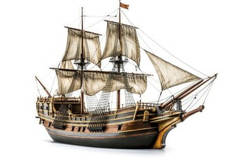 Vintage sailboat, sail ship isolated on white background.