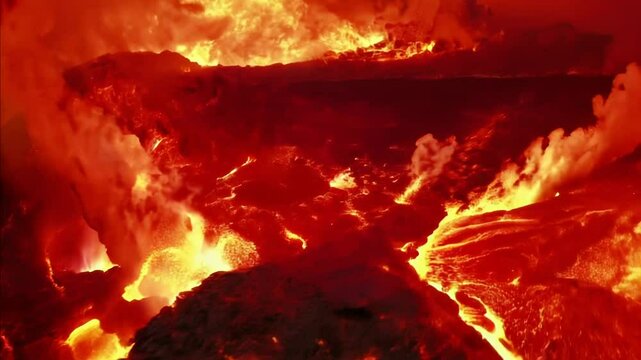 The crater is erupting, smoke, lava, Apocalyptic volcanic landscape with hot flowing lava and smoke and ash clouds.
