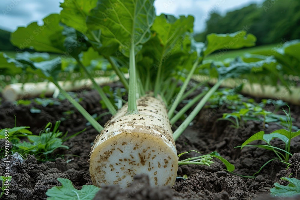 Wall mural A freshly harvested daikon radish, still partially buried in the rich, dark soil, surrounded by vibrant green leaves in a lush agricultural field