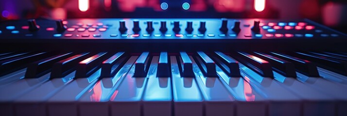 A close-up image of a modern electronic keyboard synthesizer with illuminated control knobs and buttons, highlighting a vibrant and dynamic music production environment