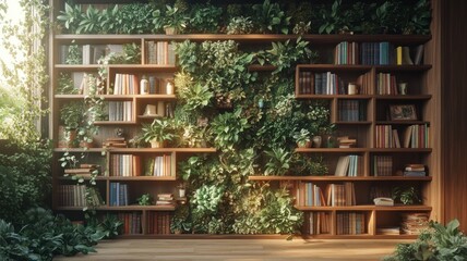 Fototapeta premium Cozy Home Library Vertical Garden Wall with Trailing Plants and Succulents