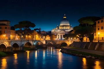 Fototapeta premium A breathtaking night view of St. Peter's Basilica in Rome, Italy, illuminated against the dark sky, generative ai