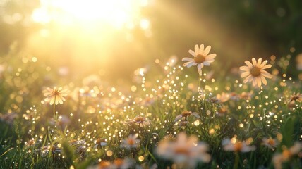 Fototapeta premium Morning Meadow with Dew-Covered Wildflowers and Text Space