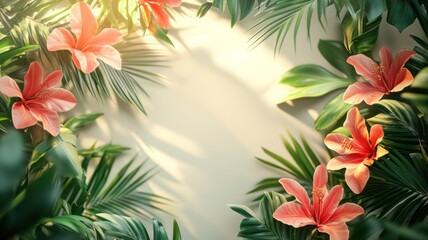 Tropical Flat Lay Floral Backdrop with Central Text Space