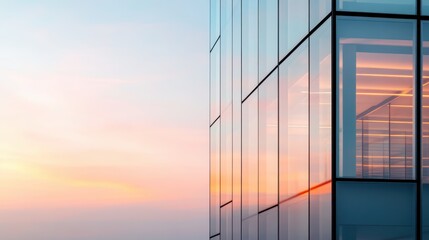 The corner of a glass building blushed with reflections of a vibrant sunset sky, demonstrating modern architecture's ability to blend with natural beauty and light.