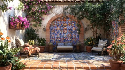 Fototapeta premium Vibrant Mediterranean Garden with Tile Mosaics and Seating Area