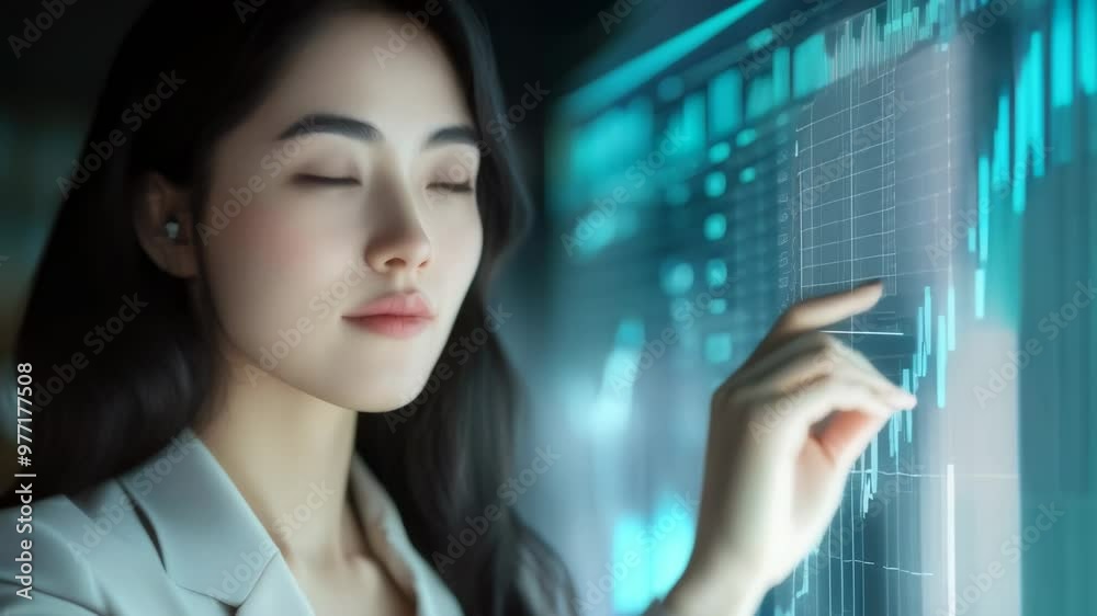 Poster asian businesswoman analyzing financial graphs on a digital interface. business strategy and data an