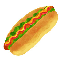 ホットドッグ　水彩風手描きイラスト