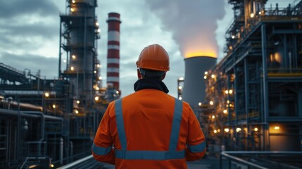 Fototapeta premium Back view of the logistics coordinator who inspects the bright power plant 