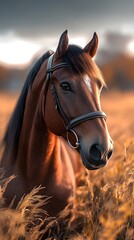Obraz premium A close-up portrait of a brown horse with a bridle, standing in a field of golden wheat, gazing intently at the camera.