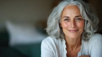 An elegant portrait of an older woman with gray hair and subtle smile wearing a light outfit, highlighting her graceful features and a background of blurred pillows.