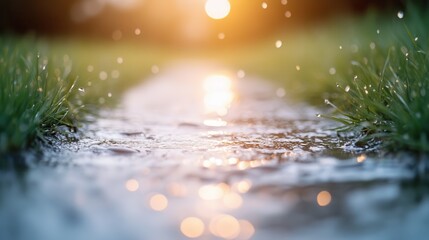 An artistic shot capturing a wet path reflecting the golden sun, with dew on the blades of grass lining both sides, symbolizing tranquility and quiet introspection.