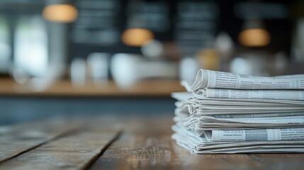 A stack of newspapers lies on a rustic wooden table within a cozy cafe setting, indicating a relaxed atmosphere and the leisure activity of reading daily news in a comfortable space.