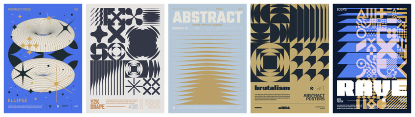 Set modernism art colorful trendy poster, artwork minimalistic and  brutalism style, abstract geometric A4 rave postmodern composition, vector simple shapes print graphic in Y2K aesthetics, set 11 © max_776