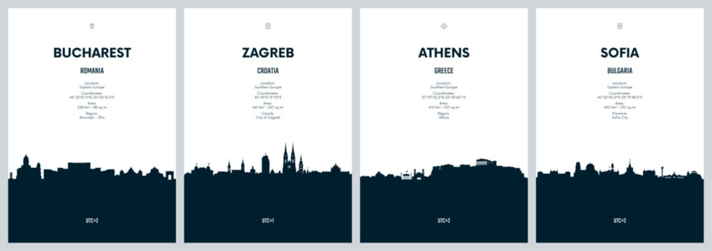 Travel vector set with city skylines Bucharest, Zagreb, Athens, Sofia detailed city skylines minimalistic graphic artwork