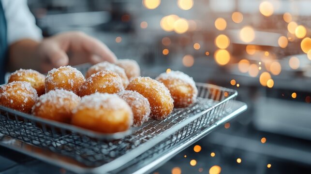 A tray brimming with warm sugar-coated donuts, freshly made and resting on a cooling rack in the kitchen, dusted with sugar sprinkles, evoking a sense of comfort.