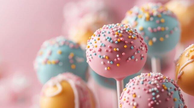 A delightful arrangement of colorful cake pops with vibrant sprinkles, set against a soft pink background. Perfect for celebrations or sweet cravings.