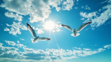 Seagulls soar through a bright sky, gliding over a sparkling ocean, embodying freedom and tranquility.