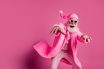 Photo of optimistic cool funny old man wear stylish bathrobe have fun valentine day event isolated on pink color background
