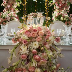 Beautiful wedding table decorated with the flowers