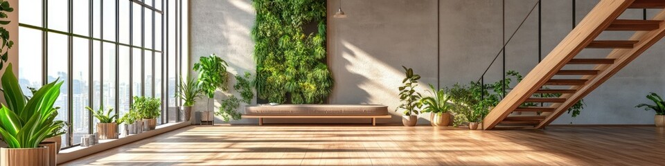 Contemporary loft space featuring wooden floors, greenery, and a clean, open design. Banner.