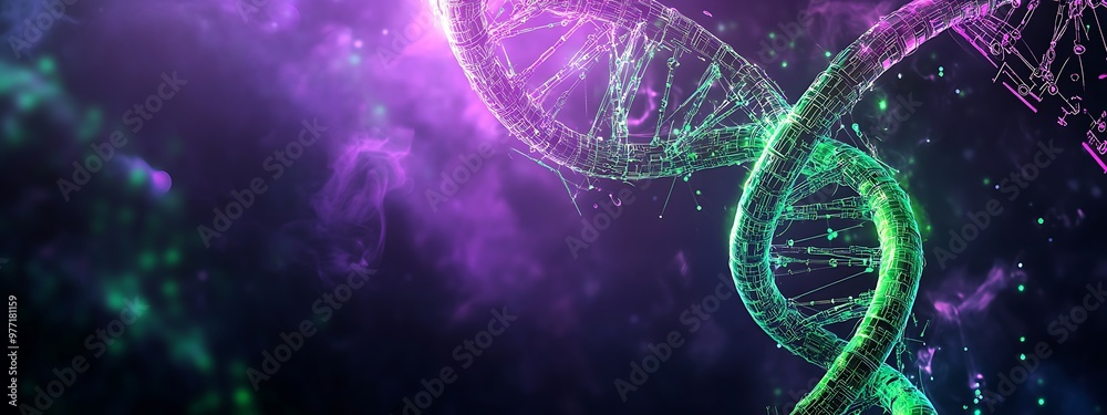 Poster a 3d rendered double helix of dna with purple and green hues and a blurred background