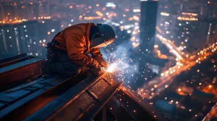 Welder Working on Construction Site at Night with City Lights in the Background