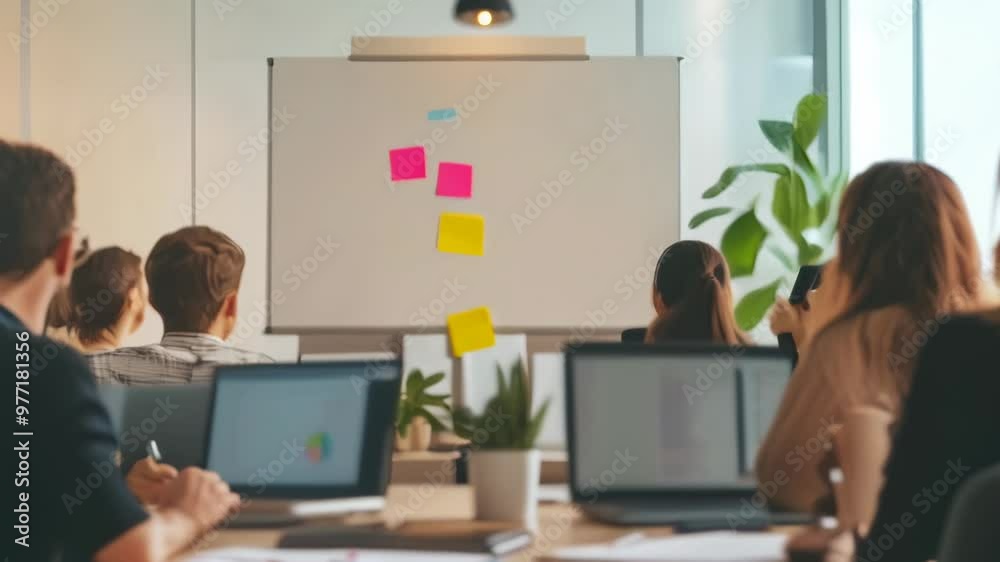 Poster corporate team in a meeting focused on a presentation with sticky notes on a whiteboard in the backg