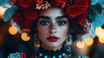 An artistic portrait of a striking woman with an elaborate rose crown, her intense eyes gazing forward, with soft bokeh lighting accentuating the background elegantly.
