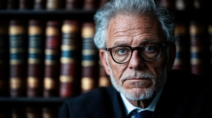 A refined older gentleman with glasses, sitting in a library, showcasing wisdom and sophistication amidst rich wooden bookshelves lined with volumes.