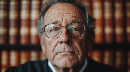A senior man, wearing glasses, in front of a background filled with books, deeply reflects the serenity and wisdom accumulated over a lifetime.