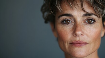 A close-up portrait of a woman with short, tousled hair, deep expressive eyes, and a calm demeanor, conveying a delicate balance of vulnerability and strength.