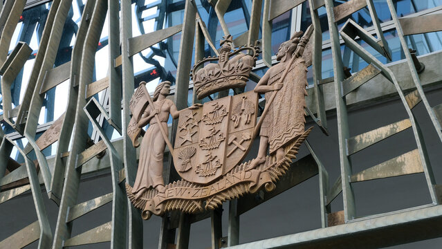 Close up of New Zealand Coat of Arms emblem at The Supreme Court Complex in capital city of Wellington, New Zealand Aotearoa - taken on 14 Sep 2024