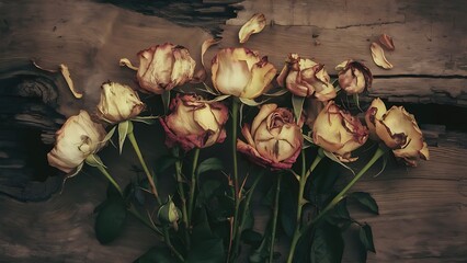 Wilted dying rose flowers on wooden background for concepts of decay and death natural processes