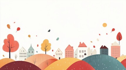 Minimalistic autumn cityscape with buildings and trees, abstract style.