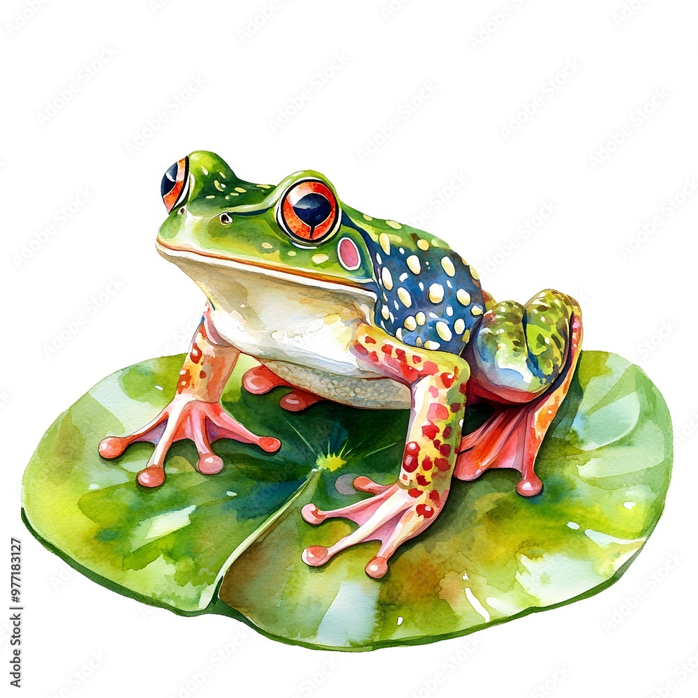 Sticker Colorful Frog on Green Leaf Watercolor Illustration