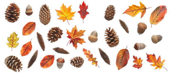 Set of isolated, pine cones, leaves and autumn leaves on transparent background. cut elements, designs. Top view high quality PNG." design elements, top view / flat lay.