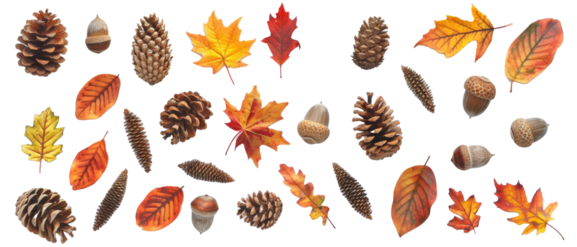 Set of isolated, pine cones, leaves and autumn leaves on transparent background. cut elements, designs. Top view high quality PNG." design elements, top view / flat lay.