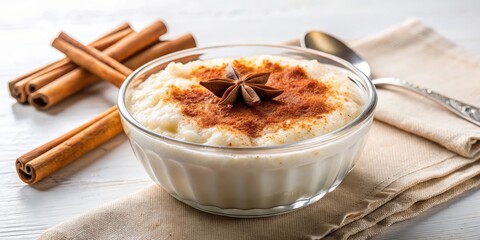 A humble yet satisfying dessert of rice pudding, enriched with cinnamon and sugar, simply yet elegantly presented on a white surface.