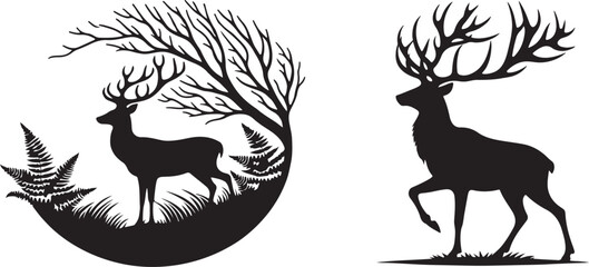 Deer Silhouette Illustration Vector Art White Background.