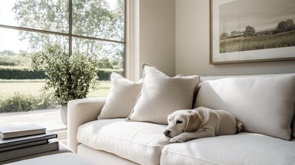 A white dog peacefully resting on a cozy white couch in a sunlit living room, accented with soft cushions and a large window offering a view of a lush green garden.