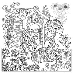 Animals In Flowers Coloring Book For Adult. Large Print unique vector design.