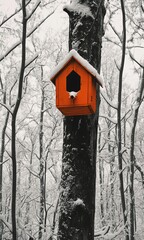 An orange birdhouse on the trunk of a tall tree in winter, surrounded by thickets and trees with snow.